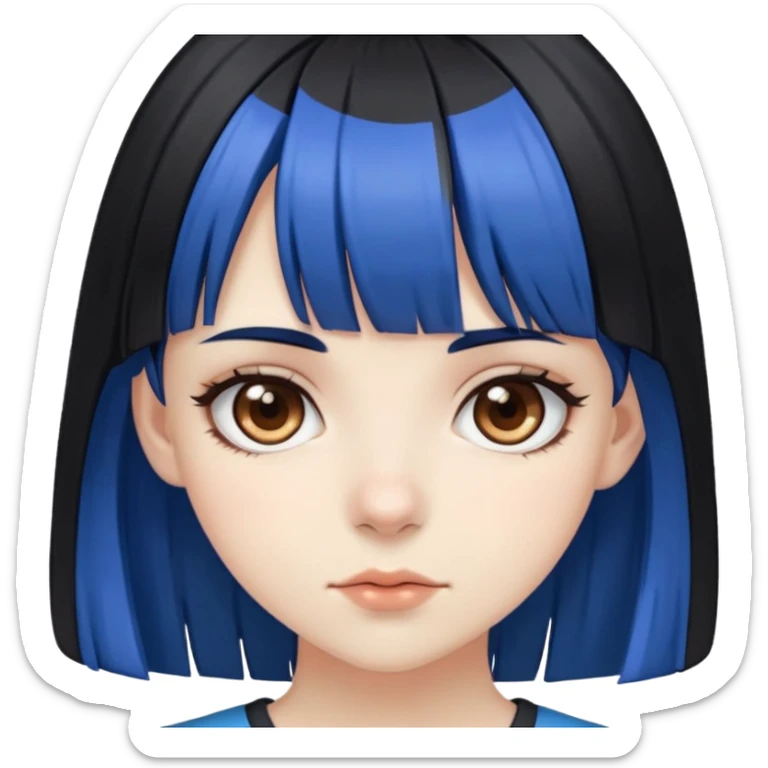 Pale girl with brown eyes, black hair with bangs, with two strips of blue hair sticker