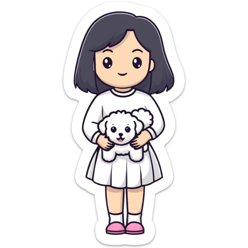A beautiful girl with long straight black hair wearing a white skirt holding a small white Bichon Frise sticker
