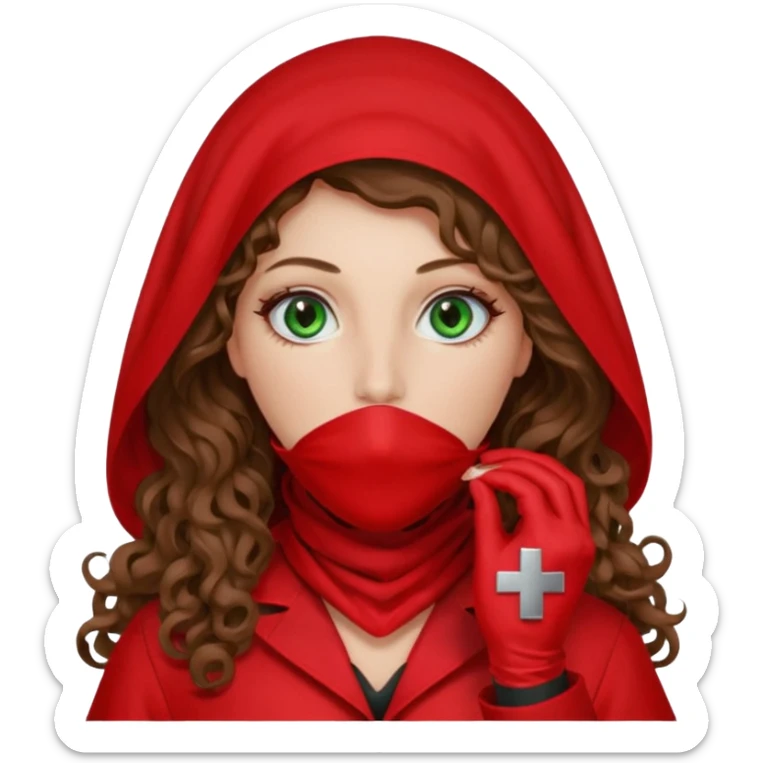 Lilith symbol sexy evil woman. She has green eyes.  had brown long curly hair.  evil surgeon kills with scalpel wears red sexy doctor coat with red mouth cover red gloves. Covers nose, neck  and mouth with Muslim red berka sticker