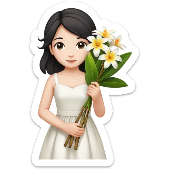  A girl with a black half-up half-down hairstyle, and a white dress, enjoying the spring breeze.Holding a bundle of frangipani sticker