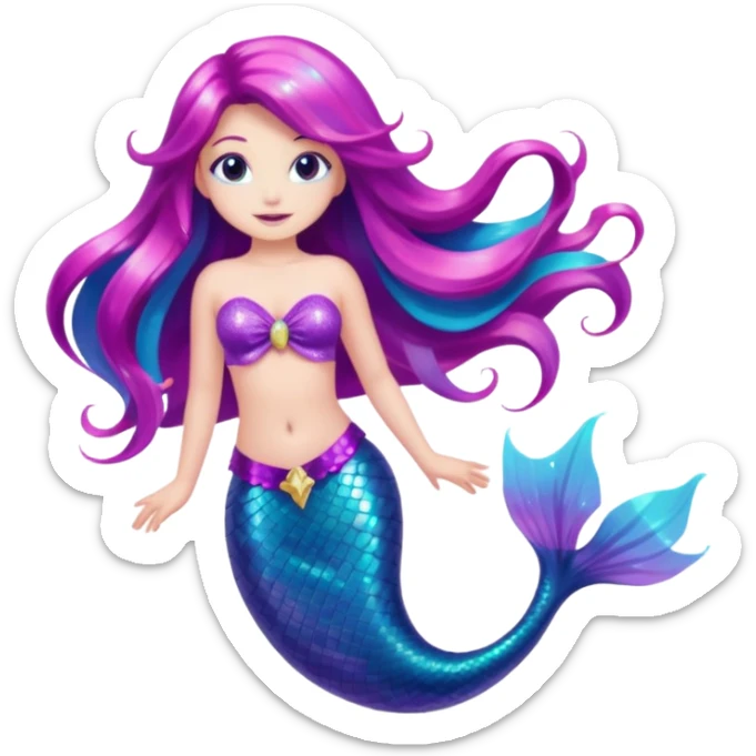 mermaid with long hair and a shiny pink, purple, and turquoise tail, glitter effect sticker
