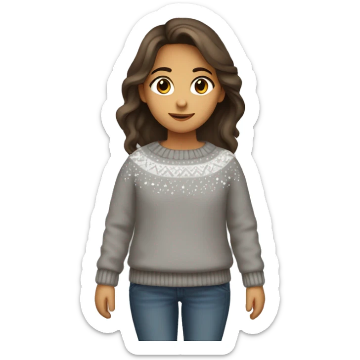 winter, christmas, hispanic, long brown hair, girl, brown eyes, child, full body, grey sweater sticker