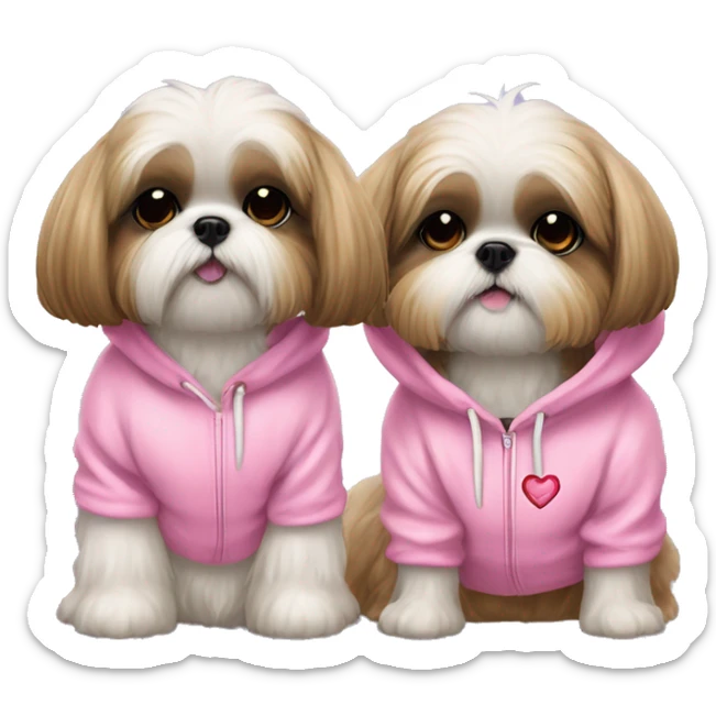 one very cute shih tzu girl and one girl maltaise dog wearing a pink hoodie with hearts sticker