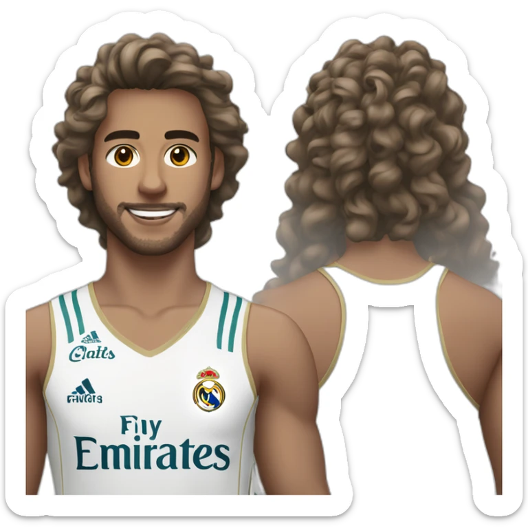 Fais un jeune homme au long cheveux boucle avec un emoji du maillot du real madrid sticker
