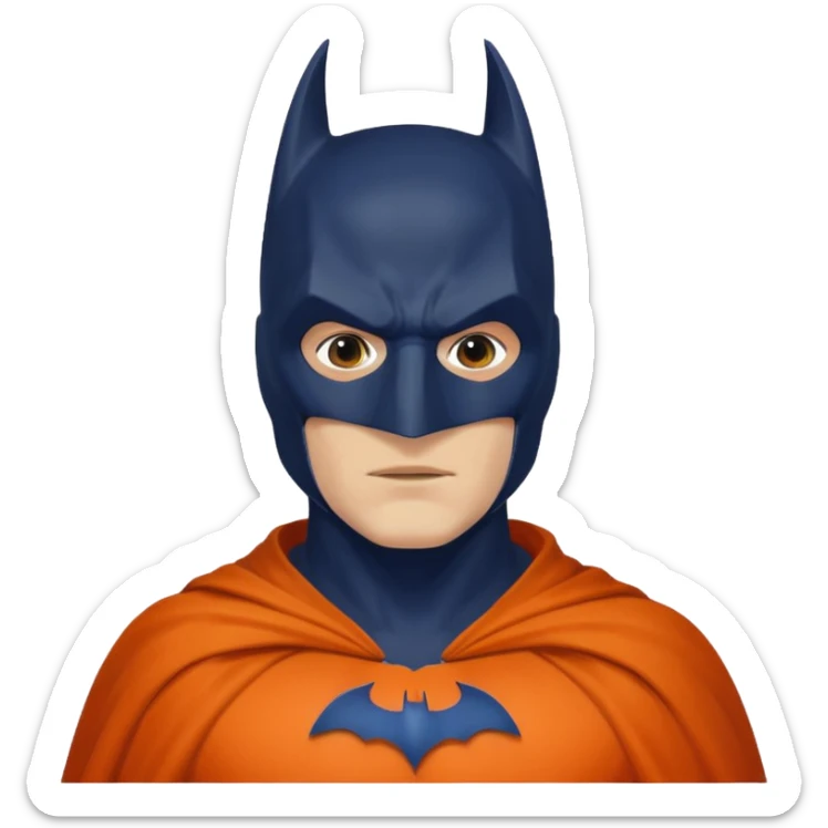 generate a batman emoji with just the face and neck showing and part of the cloak and and wings. Shade the mask in dark navy blue.  Shade the cloak in a solid vibrant orange. Shade the bat logo in a bright  olive green. sticker