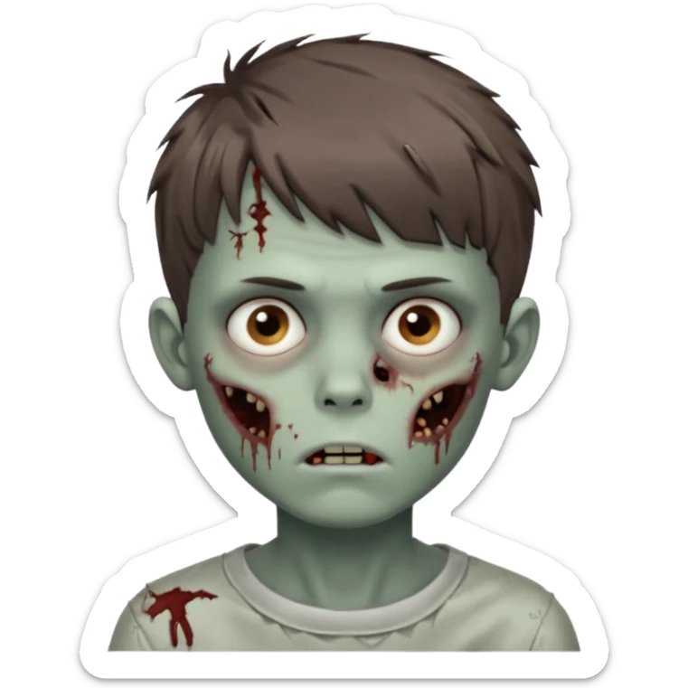 zombie boy youthful face, messy brown short hair in fringe haircut, closed mouth, without wrinkles sticker