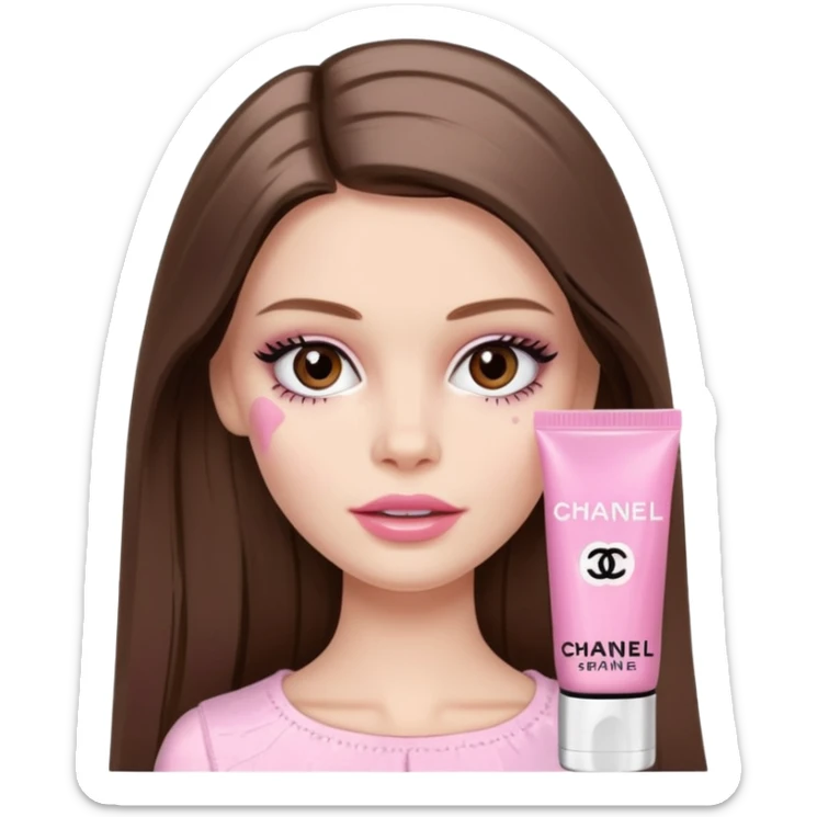 Barbie girl a brown long Straight hair and brown eyes is In pale pink smears by hand cosmetic cream Chanel on her face sticker