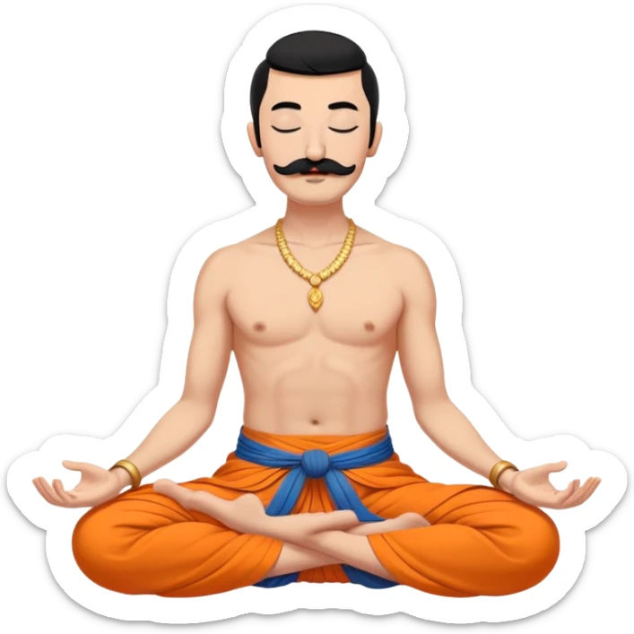 сossack with bold head, very long 15 inch black mustache, lock of black hair sprouting from the top of the shaven head, meditating bare torso with closed eyes in lotus pose in long orange indian dhoti covering the legs sticker