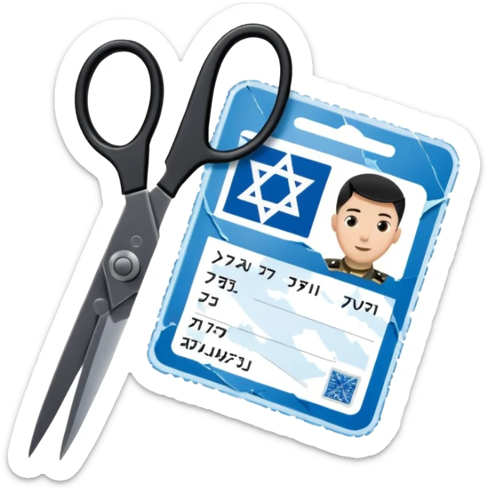 Floating black Scissors cutting in half an idf soldier ID card with a little chip in 2 parts sticker