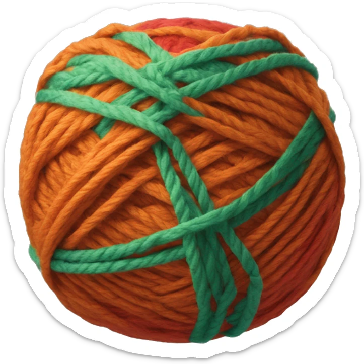 A ball of yarn with the thread colors green (#0DC09D), orange (#F18046 ), blue (#FA6863 ) and red (#3D95FD sticker