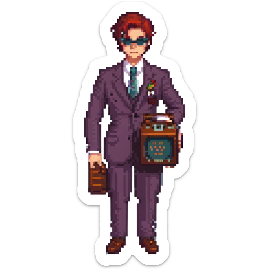 Alastor from Hazbin Hotel in pixel art style, focusing on vintage radio aesthetic and sharp suit, no text sticker