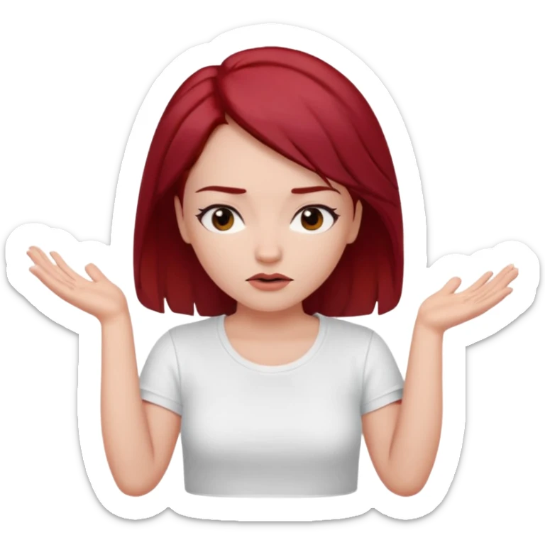younger woman shrugging, eyes closed, white t-shirt, dark red hair, black eyebrows sticker