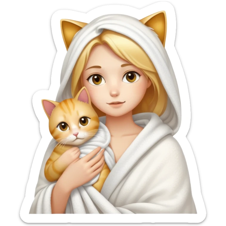 Fair skin - beautiful girl - just finished taking a shower - wrapped in a white blanket holding a golden gradient cat sticker