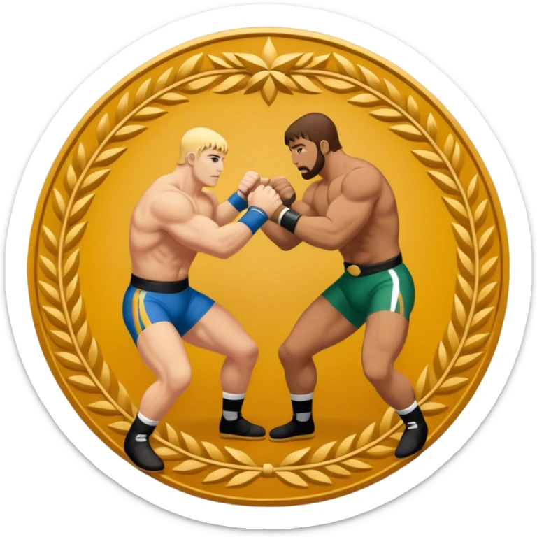 An icon symbolizing wrestling combat sports in the style of an emblem. The design features two wrestlers locked in a powerful grapple, one attempting to take the other down. Surrounding the scene are stylized elements like a championship belt, wrestling mat, and a laurel wreath. sticker