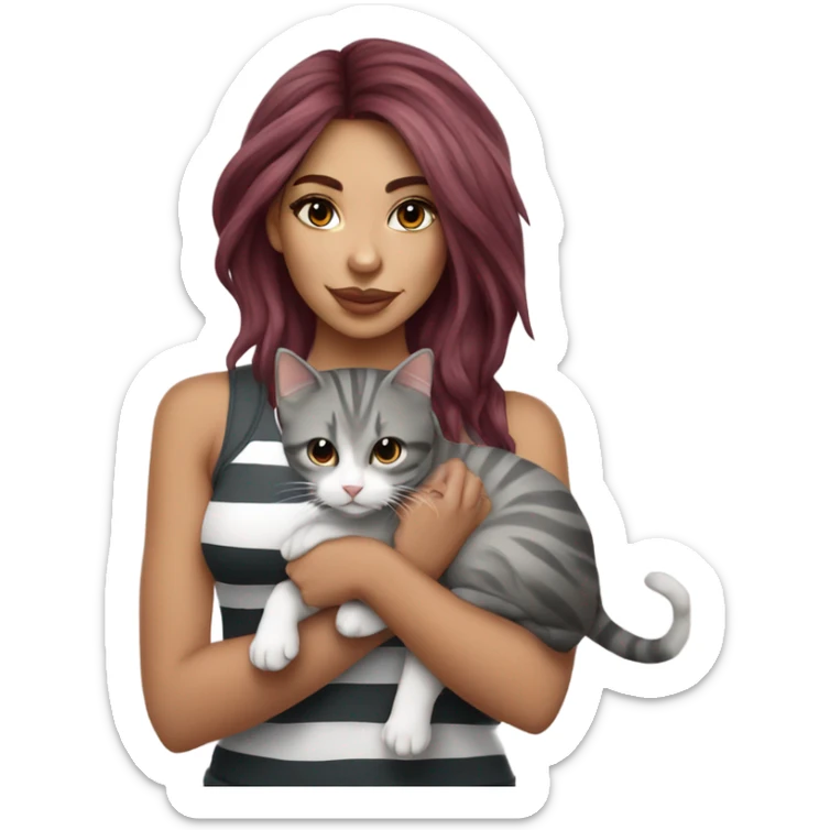 Beautiful burgundy haired tattooed woman holding gray and white striped long hair cat sticker