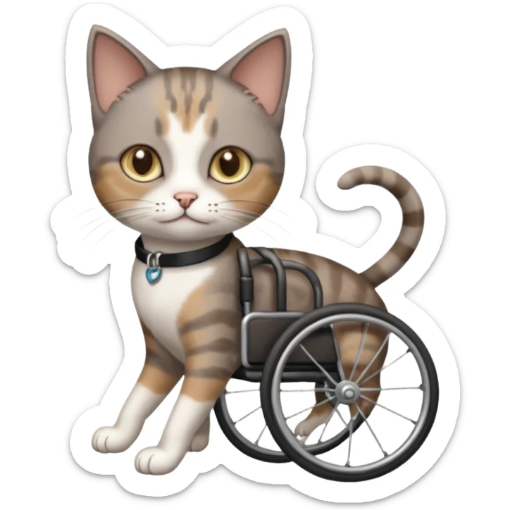 full body small short hair dark brown and white cat with hazel eyes walking in a wheelchair for cats sticker