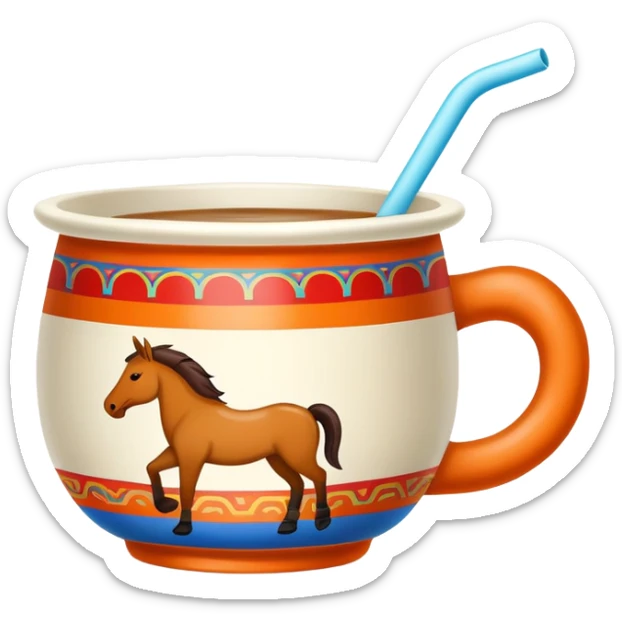 Mongolian milk tea bowl with horse-shaped handle, simplified emoji style with bold outlines and bright colors, cartoon style traditional nomadic drink sticker
