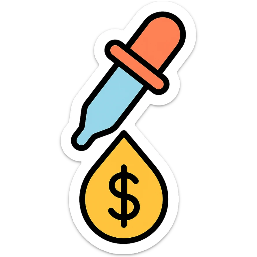colored icon of a pipette at the top of a golden drop with a dollar sign inside the drop sticker