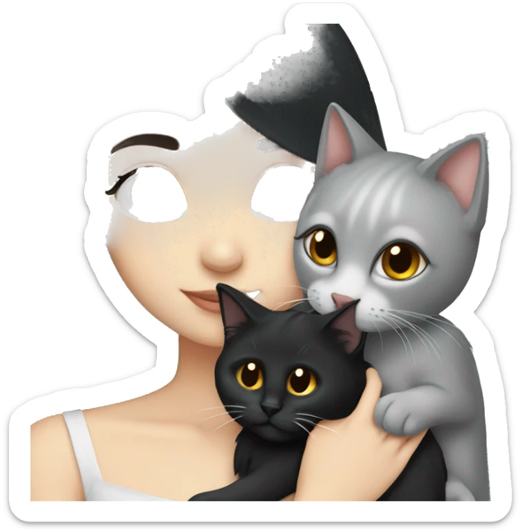White skin girl with long black hair and black eyes hugging a grey cat sticker