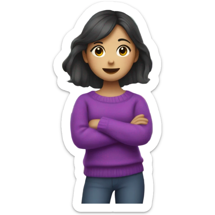 Half Asian girl with a bright purple sweater working at an art store and holding too many art supplies sticker