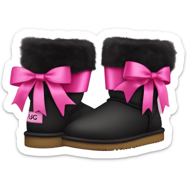 Pair of black and hot pink Ugg fur boots laced up with pink silk ribbon bows. sticker