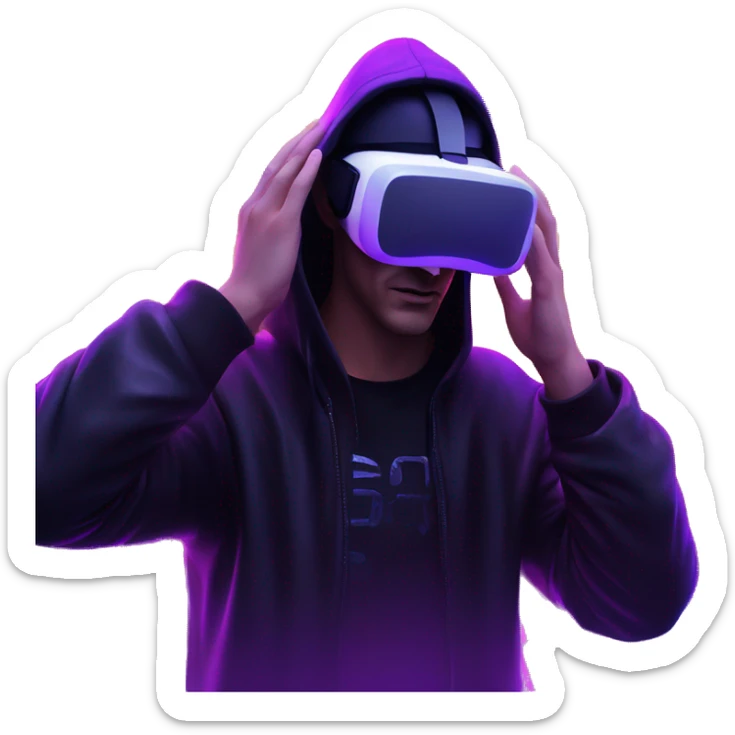 Russian man wearing a black hoodie with "OMG" letters on it and VR headset in a cyberpunk VR environment with violet neon lighting. sticker