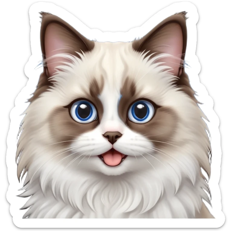 cinematic-adorable-big-eyed-fluffy-dark brown and white ragdoll-cat-portrait-emoji,-head-tilted-playfully-with-a-cute,-yawn,-soft-brown-and white-colored-fur-with-darker-points-on-the-ears,-simplified-yet-irresistibly-cute-features, sparkling blue eyes sticker