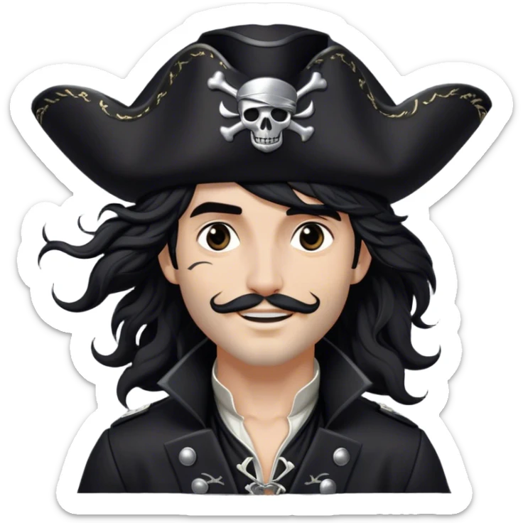 A charismatic pirate with wavy black hair tousled by the breeze. His silver-embroidered tricorn hat casts a shadow. Dark eyes glint with mischief as he looks to the side, a knowing smile on his lips. His black coat, adorned with silver buttons, shifts with the wind sticker