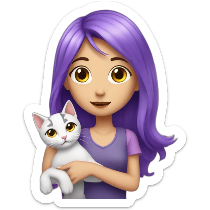 A girl with purple hair and a cat is petting her sticker