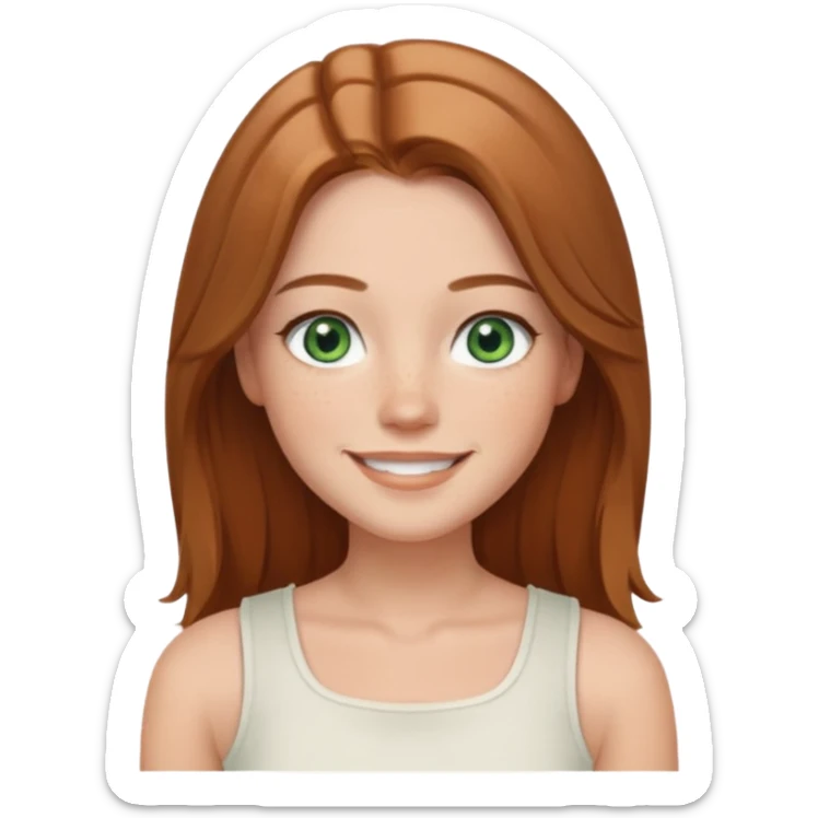 emoji of a woman named Freya McOmish, smiling, green eyes, long light brown hair with a center part, subtle freckles, modern casual style, broad shoulders, wearing a white sleeveless square neck top sticker