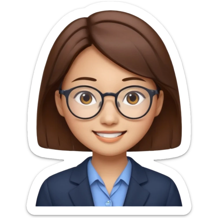 asian female accountant with eyeglasses, round face, brown hair, no tie sticker