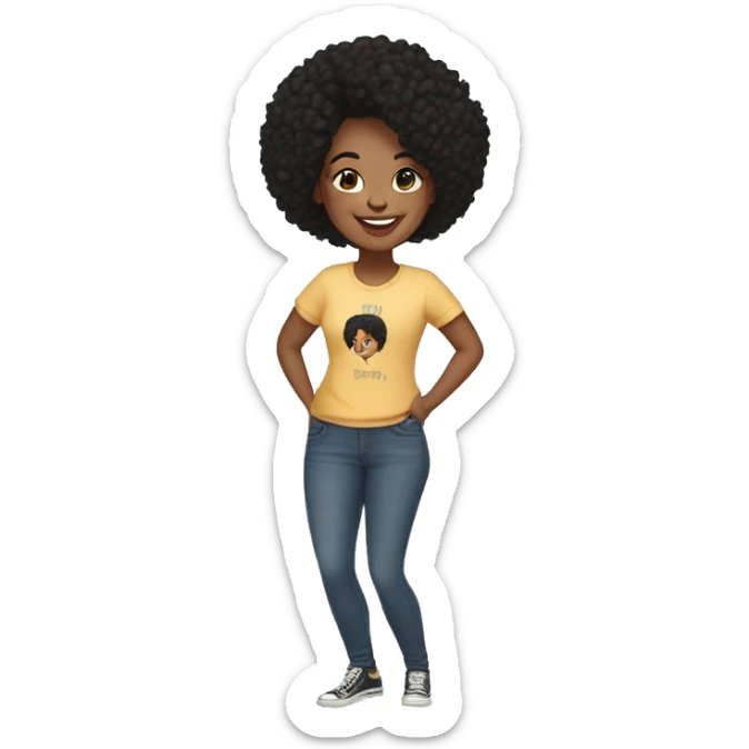 Woman in her late twenties, bipoc black hair smiling, tshirt jeans sticker