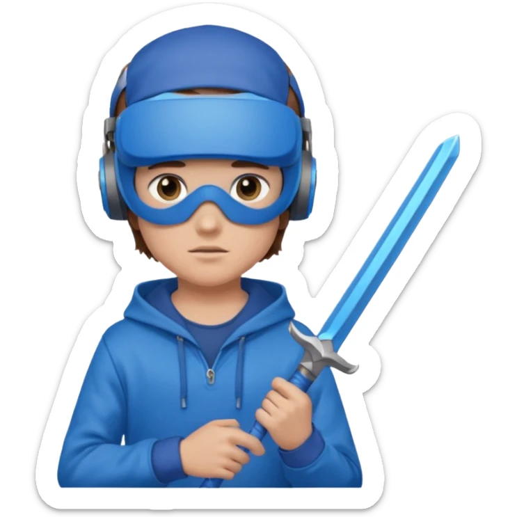 a boy with brown hair, a blue vr headset. a blue hoodie and a blue sword sticker