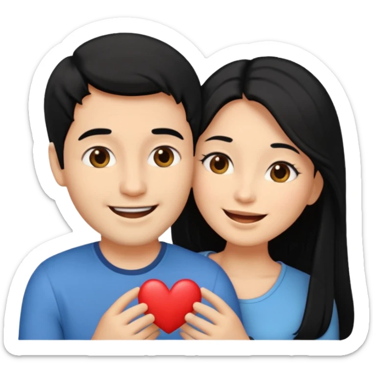 An emoji of a happy couple, the woman has long black hair and a light brown skin tone, while the man has short black hair and a white skin tone. They are in a romantic pose, expressing love and joy with warm facial expressions and affectionate gestures. sticker