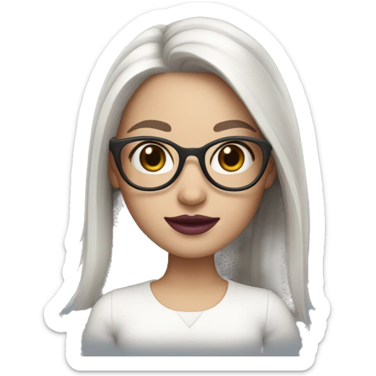 memoji very white skinned girl with long dark brown hair and oval glasses and dark pink lips sticker