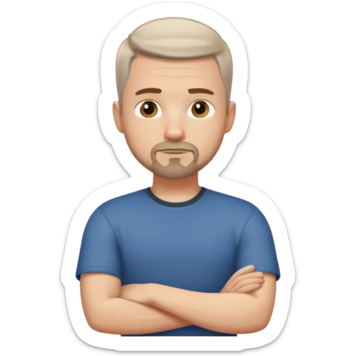 White man with short dark taper fade hair cut and slight goatee and neutral expression with his arms folded sticker