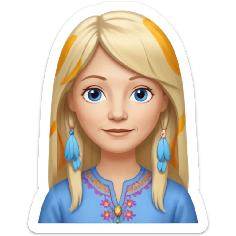 50 yr old white woman, hippie part bangs, very long straight blond hair, oval face, small smile, blue eyes, thin face, hair downback, hair parted at center of head, round cheeks, pale, longer hair, dress shirt sticker