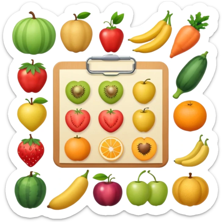 Emoji of checklist with healthy food icons, nutrition planning, flat minimal emoji, pastel colors sticker