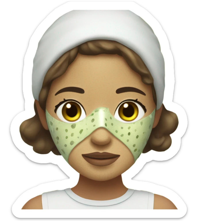 Girl with freackles Brown hair and white skin wears skin care mask Thats Green with Pickle on her eyes sticker