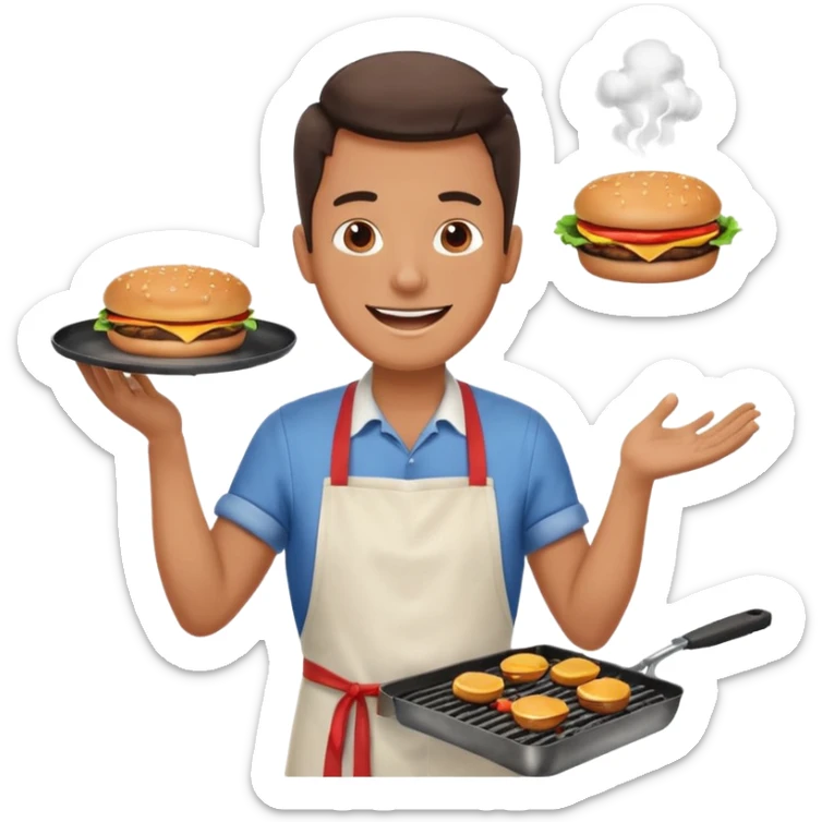 A cheerful man in an apron flipping burgers on a sizzling grill with smoke puffing upward. sticker