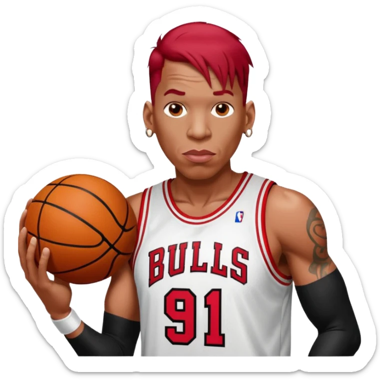 Dennis Rodman with a basketball and “91 “Chicago bull.with a very short red hair sticker