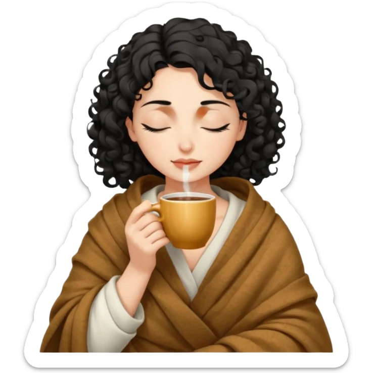 Gözleri kapalı, beyaz tenli ve kıvırcık siyah saçlı saç boyu orta omuzlarında bir kadın avatar, battaniyeye sarılmış halde beyaz bir Türk kahvesi fincanından içeceğini huzurla yudumluyor. sticker