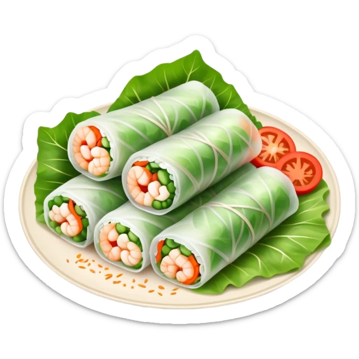 cinematic-realistic-vietnamese-summer-rolls-dish-emoji,-depicted-with-delicate-rice-paper-wraps-filled-with-fresh-vegetables-and-shrimp-rendered-with-crisp-textures-and-refreshing-lighting. sticker