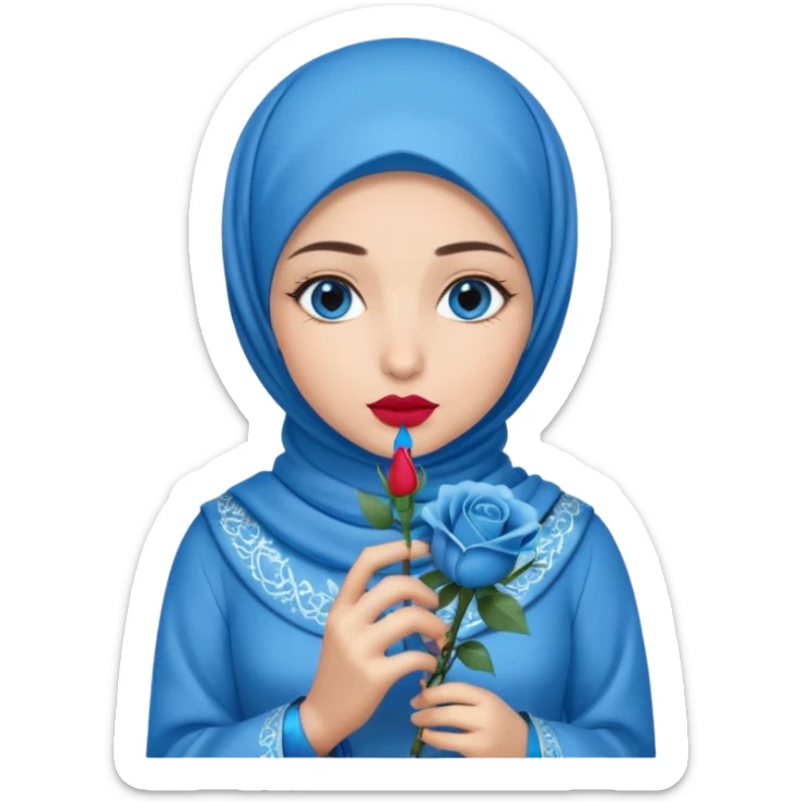 Turkish beautiful finish Konya girl blue eyes with blue hijab islamic dress and had on her hand blue rose design lipstick and hold it sticker