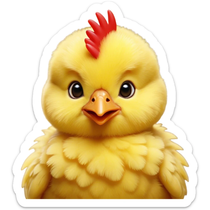 Cinematic Cute Yellow Baby Chicken Portrait Emoji, Head tilted playfully and inquisitively, featuring a fluffy, vibrant yellow downy coat with a tiny red comb, round, sparkling beady eyes filled with curiosity, Simplified yet irresistibly adorable features, highly detailed, glowing with a warm, friendly glow, high shine, affectionate and lively, stylized with a touch of playful whimsy, bright and endearing, soft glowing outline, capturing the essence of a mischievous yet loving chick, so playful it feels like it could peep out of the screen and into your arms! sticker
