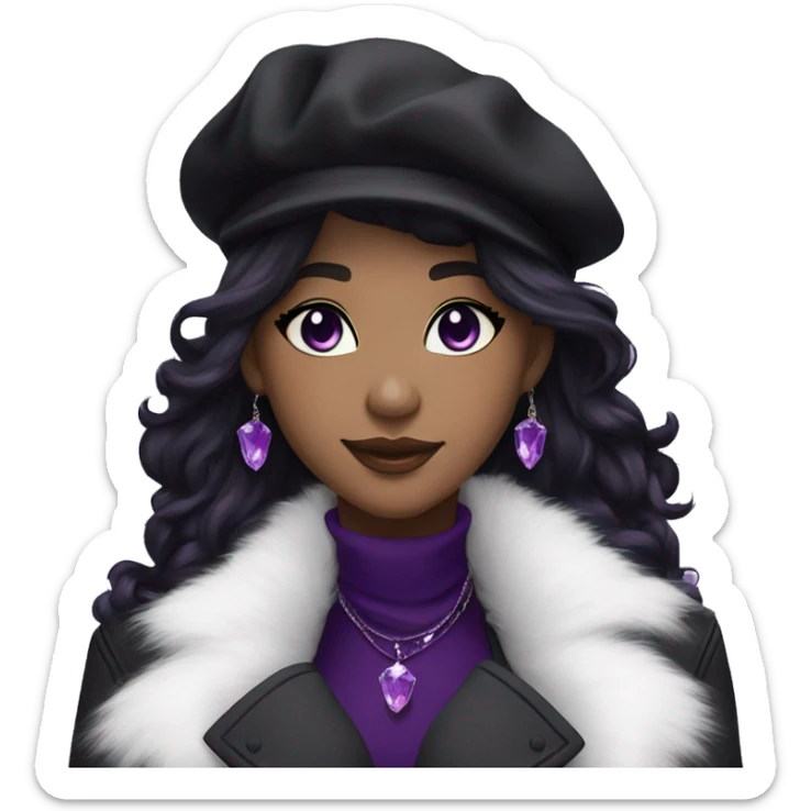 black hair, long messy hairstyle, beret hat, purple eyes, smile, long black trench coat with white fur around the neck, purple crystal earrings, purple crystal necklace, black pants sticker