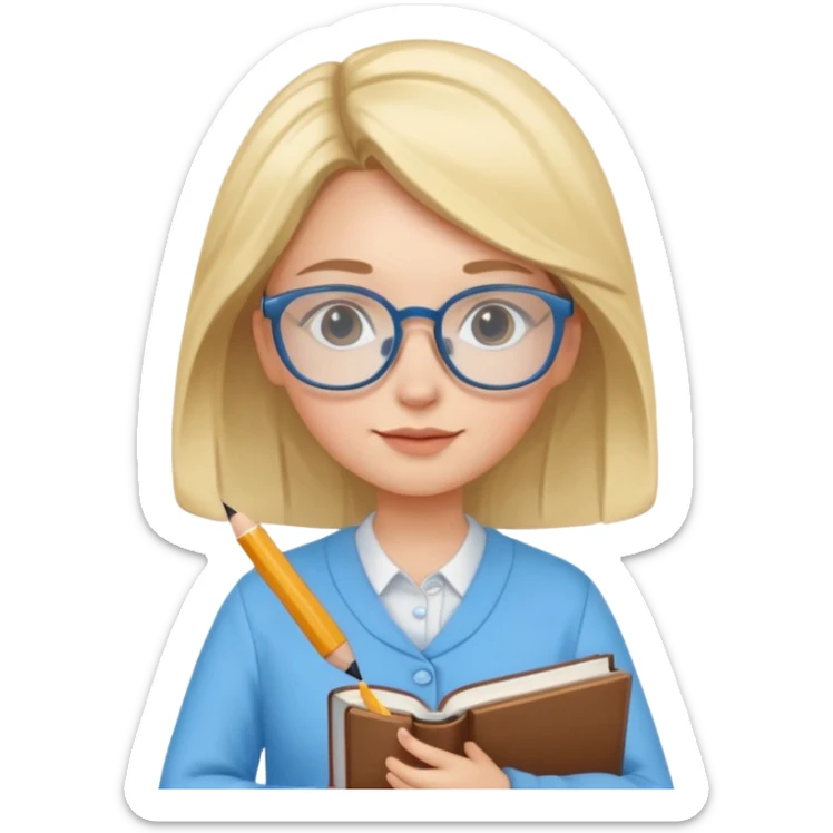 cute girl, glass, smart, Sky-blue colored clothing,
holding a book in one arm and a pen in the other hand.Holding a pen in the right hand as if teaching.Wearing glasses, with a smart and bright-looking face. sticker