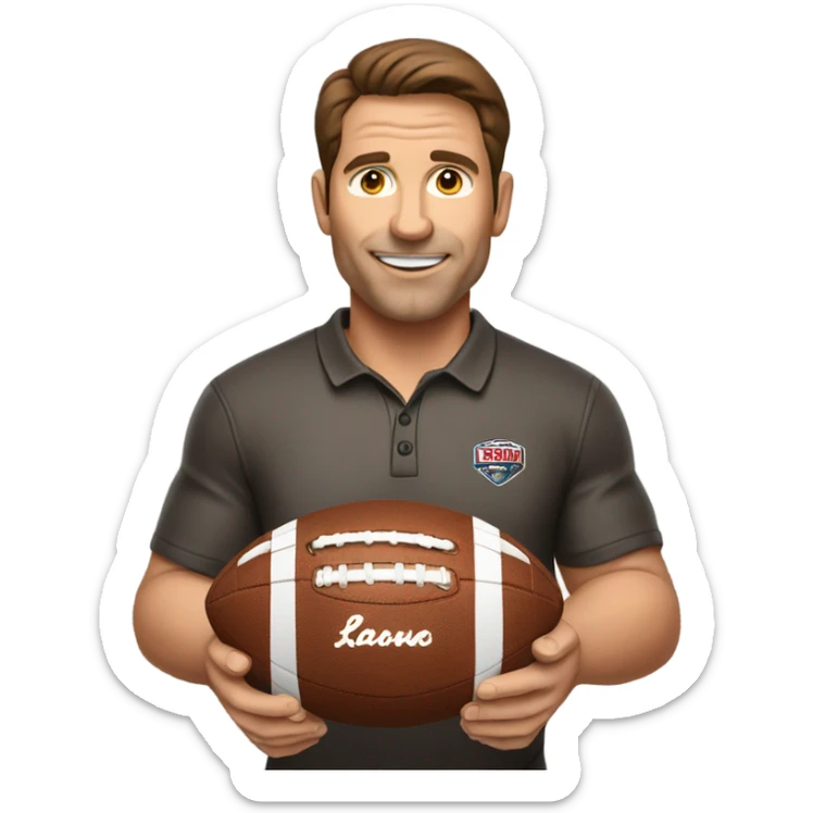 Brown haired football coach with football sticker