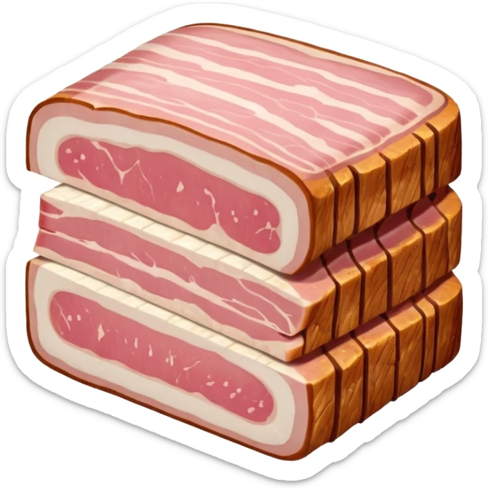 thick slice of raw salted pork belly or shoulder with alternating layers of pale pink meat and creamy white fat, firm slightly glossy surface with visible marbling, rustic artisanal cut, no packaging, no vegetables, no garnish, soft lighting, subtle shadows, emoji scale sticker