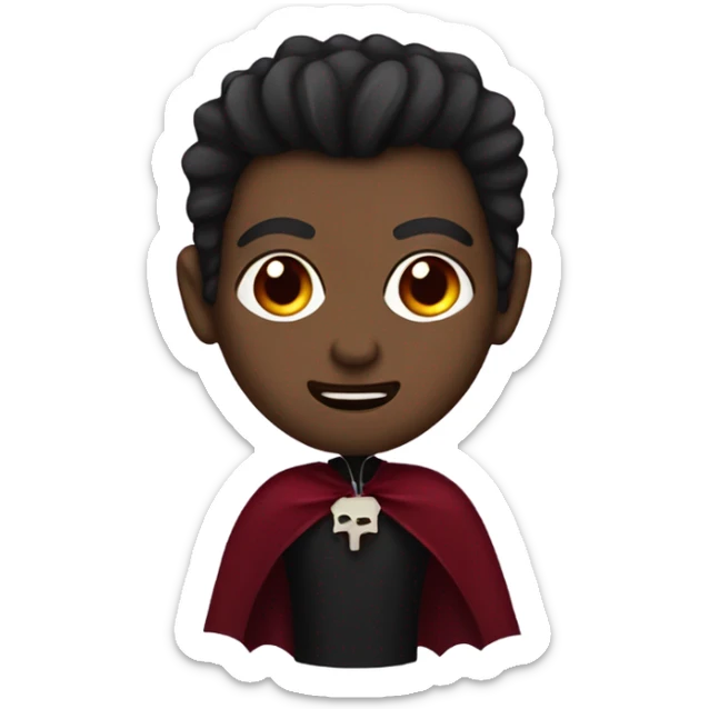 vampire, with brown skin red eyes, with two fangs wearing a burgundy and red  cape sticker